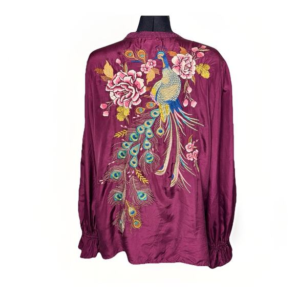 Johnny Was Workshop XL Purple Silk Peacock Quito Blouse Embroidery Button V Neck - Picture 5 of 12
